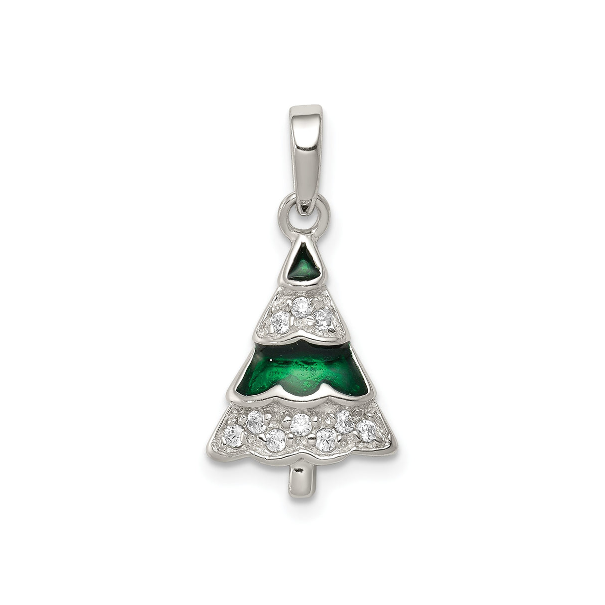 Sterling Silver Christmas Tree Pendant with Cubic Zirconia and Green Enamel Holiday Design