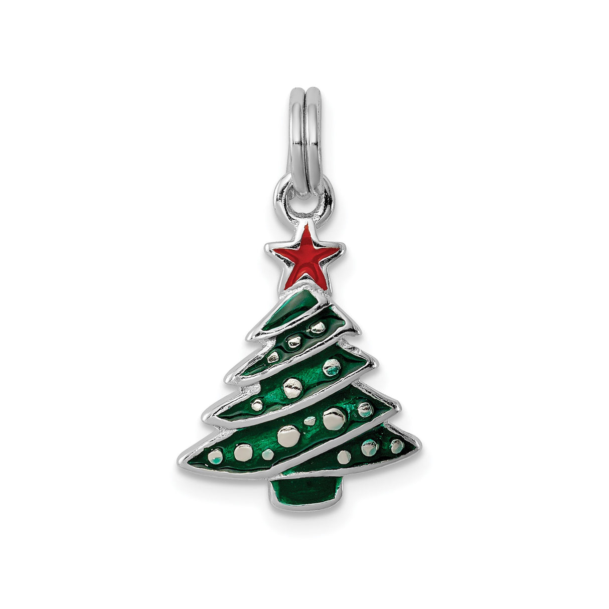 Sterling Silver Christmas Tree Pendant with Green Enamel and Red Star Holiday Charm