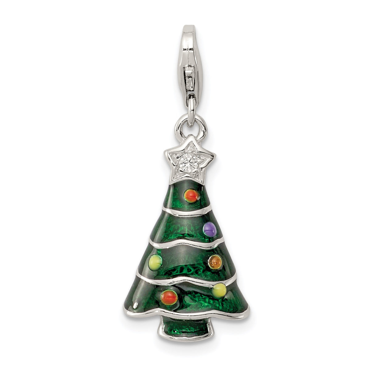 Sterling Silver Christmas Tree Charm with Cubic Zirconia and Green Enamel Holiday Theme
