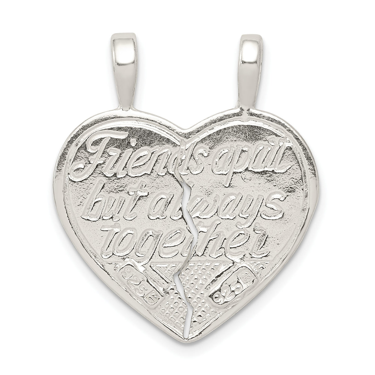 Sterling Silver Split Heart Pendant, Dual Bail BFF Charm, Friendship Jewelry for Women and Teens