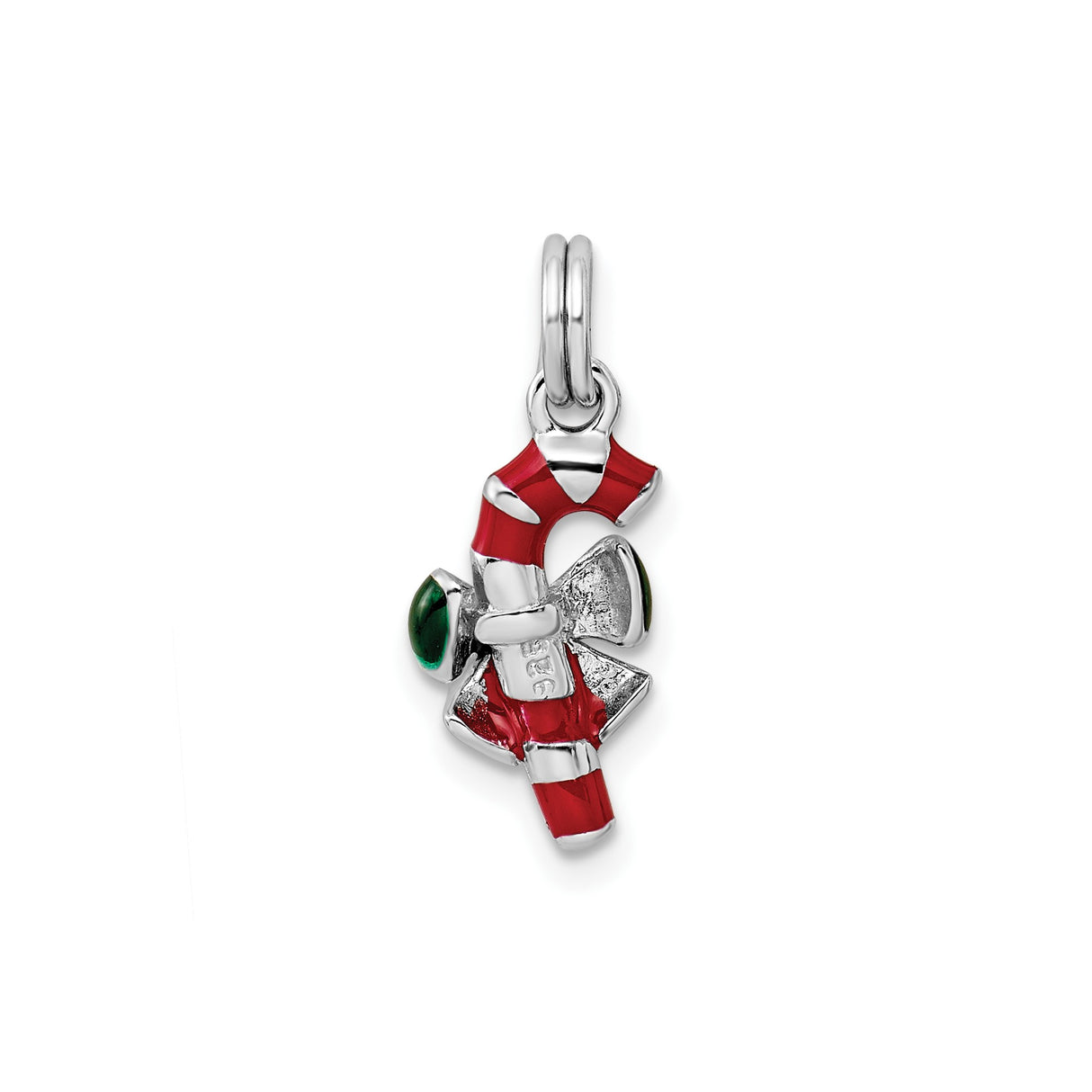 Sterling Silver Candy Cane Pendant with Red and Green Enamel Bow, Holiday Christmas Charm
