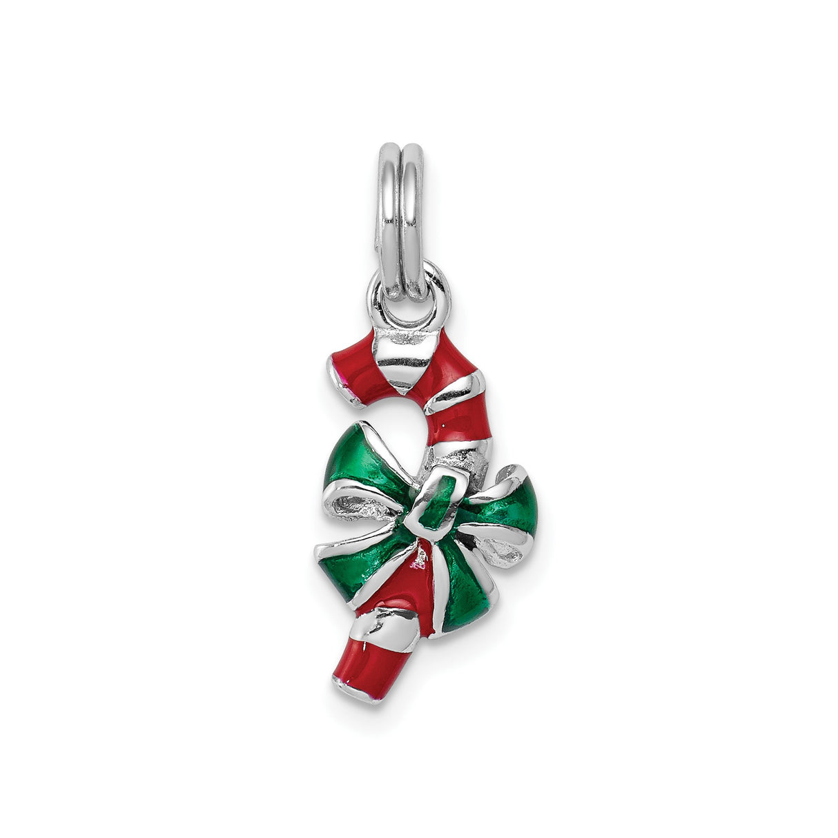 Sterling Silver Candy Cane Pendant with Red and Green Enamel Bow, Holiday Christmas Charm