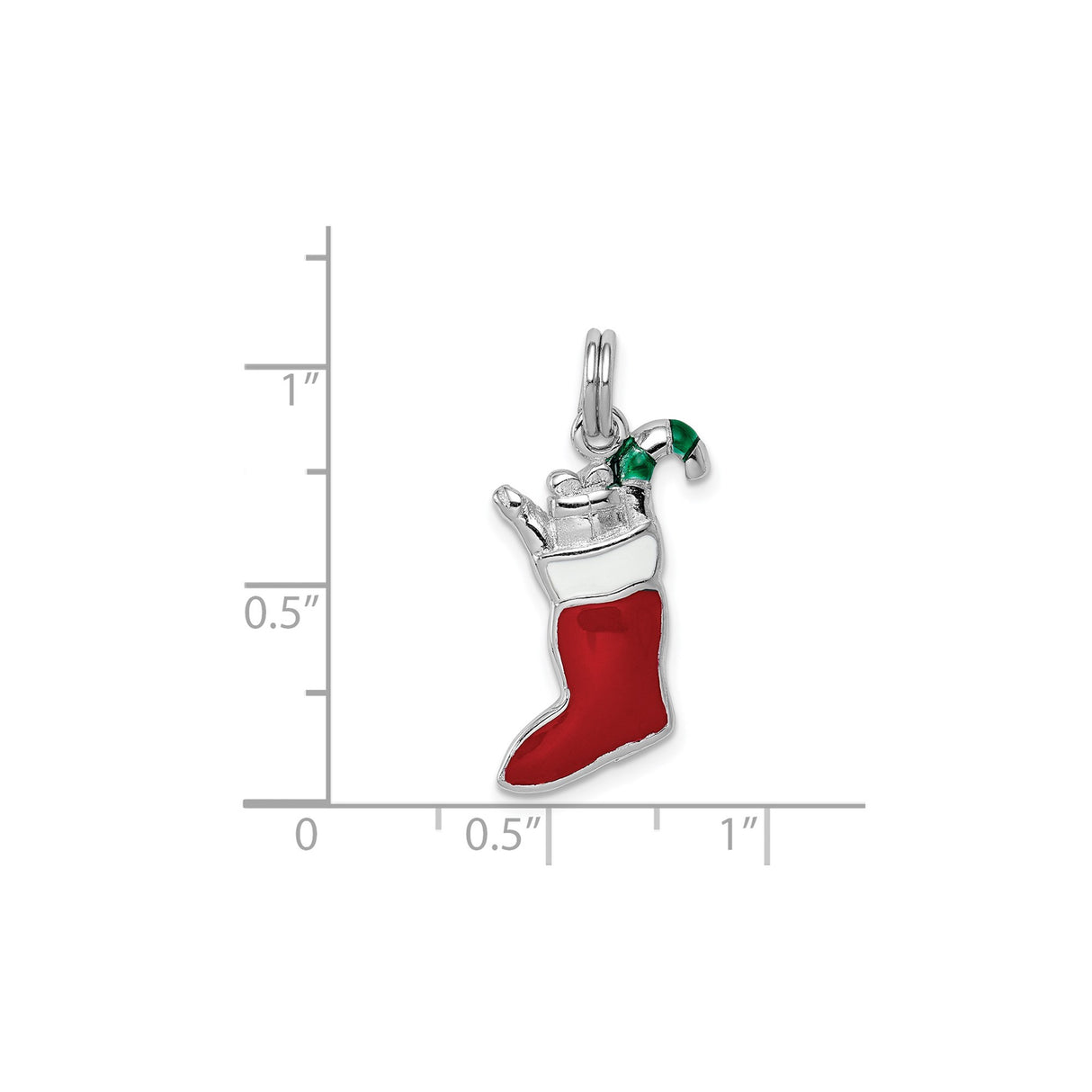 Sterling Silver Christmas Stocking Pendant with Red Enamel and Candy Cane Charm