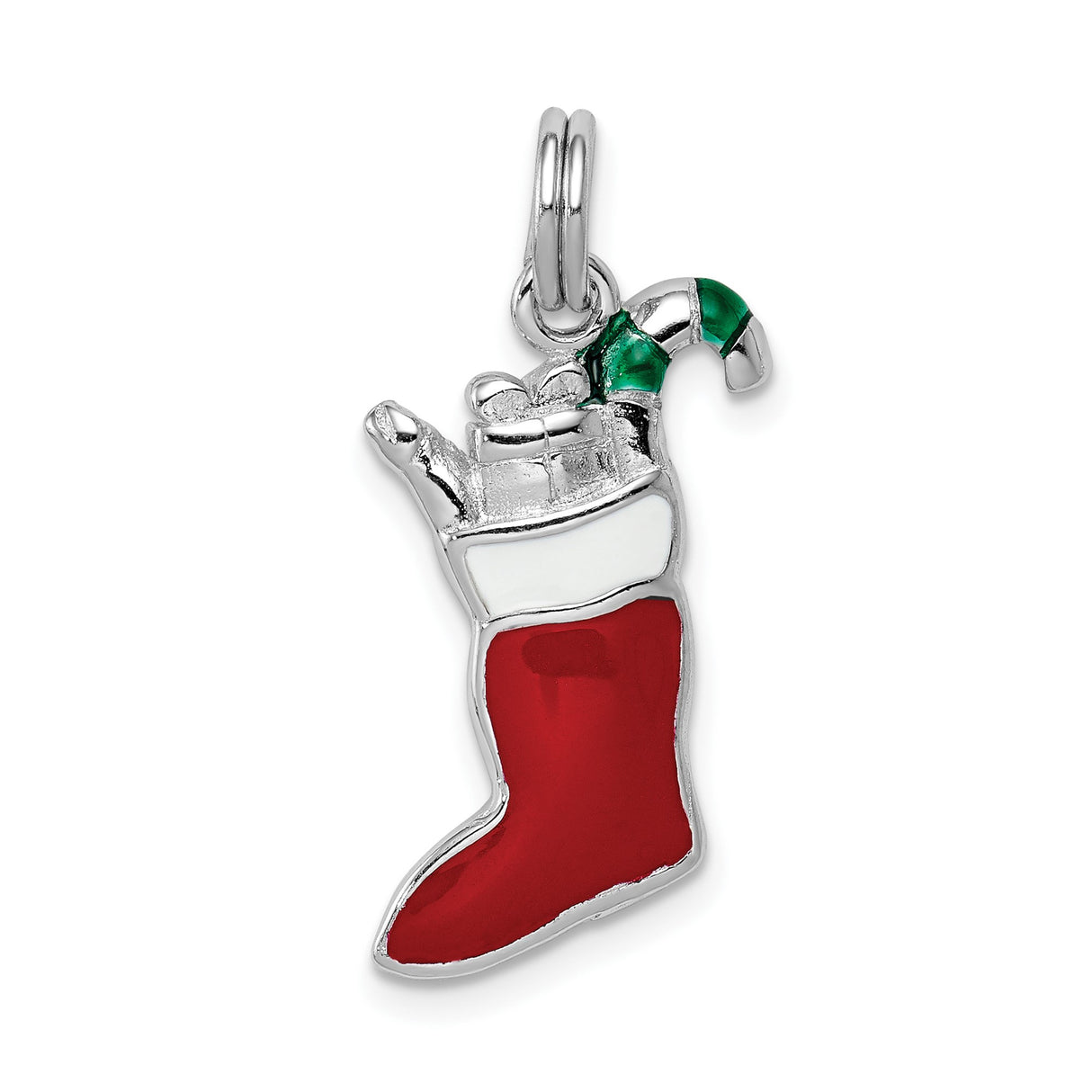 Sterling Silver Christmas Stocking Pendant with Red Enamel and Candy Cane Charm