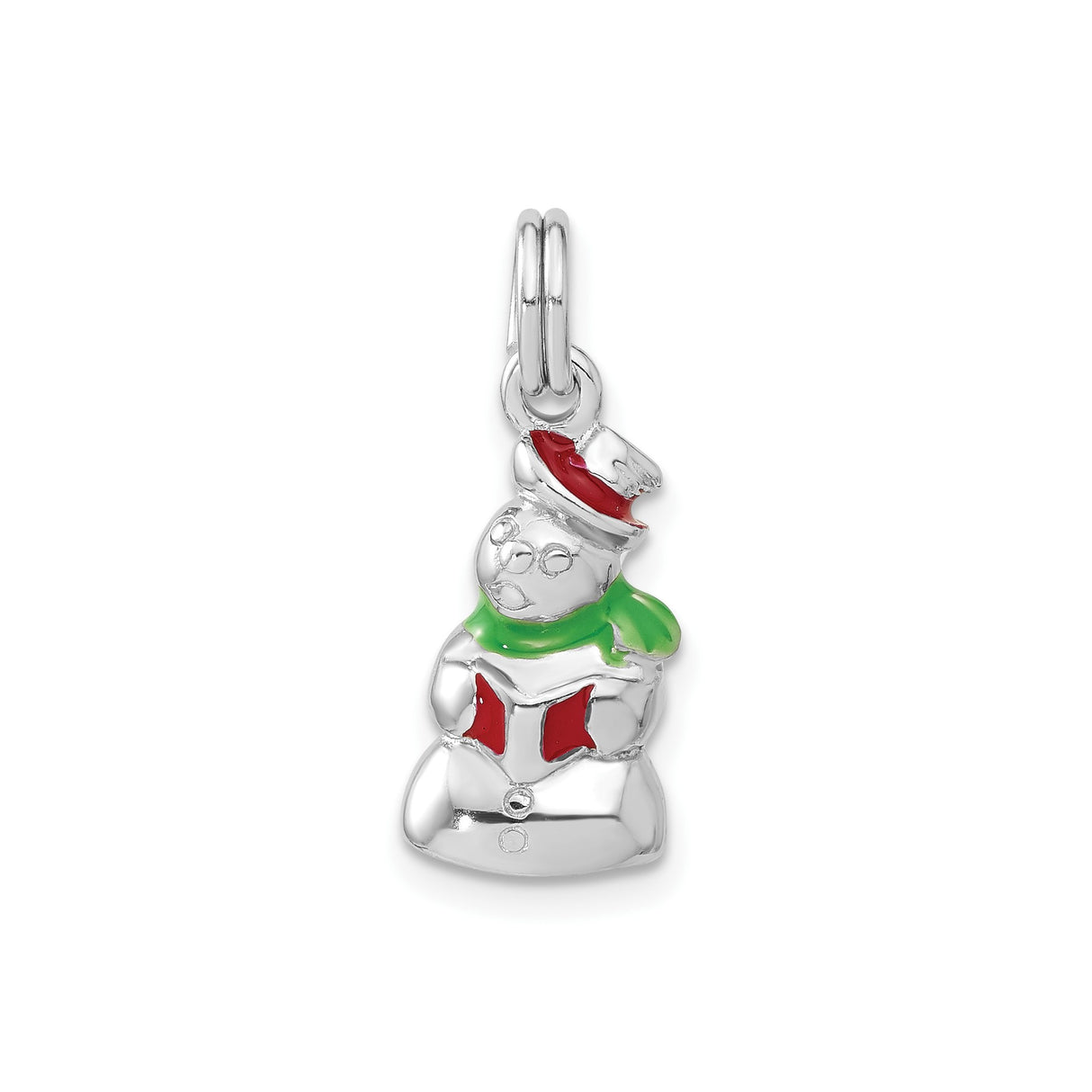 Sterling Silver Snowman Pendant with Enamel Red Hat, Green Scarf, and Songbook, Christmas Theme