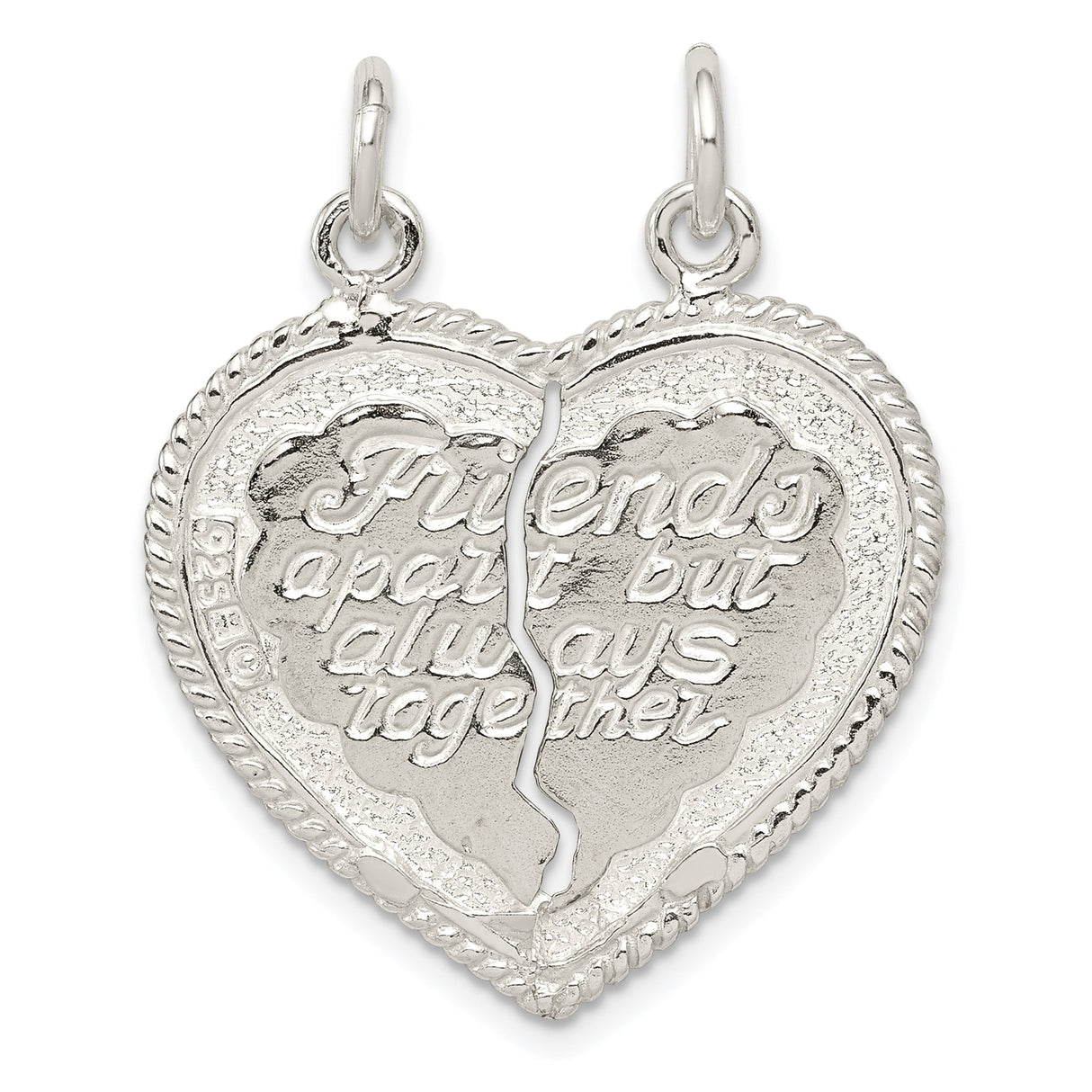 Sterling Silver Heart Pendant Set with Split Friend Charm and Floral Border