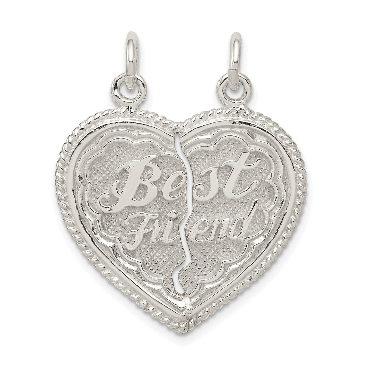 Sterling Silver Heart Pendant Set with Split Friend Charm and Floral Border
