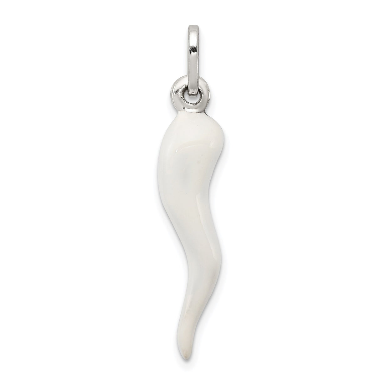 Sterling Silver Italian Horn Pendant with White Enamel, Cornicello Amulet for Protection and Good Luck