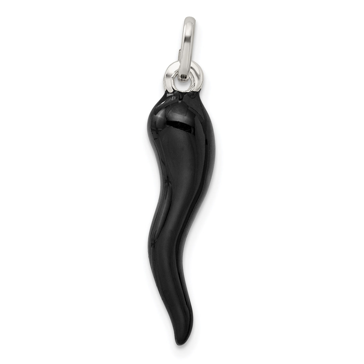 Sterling Silver Horn Pendant Charm, Black Enamel Italian Talisman for Evil Eye Protection