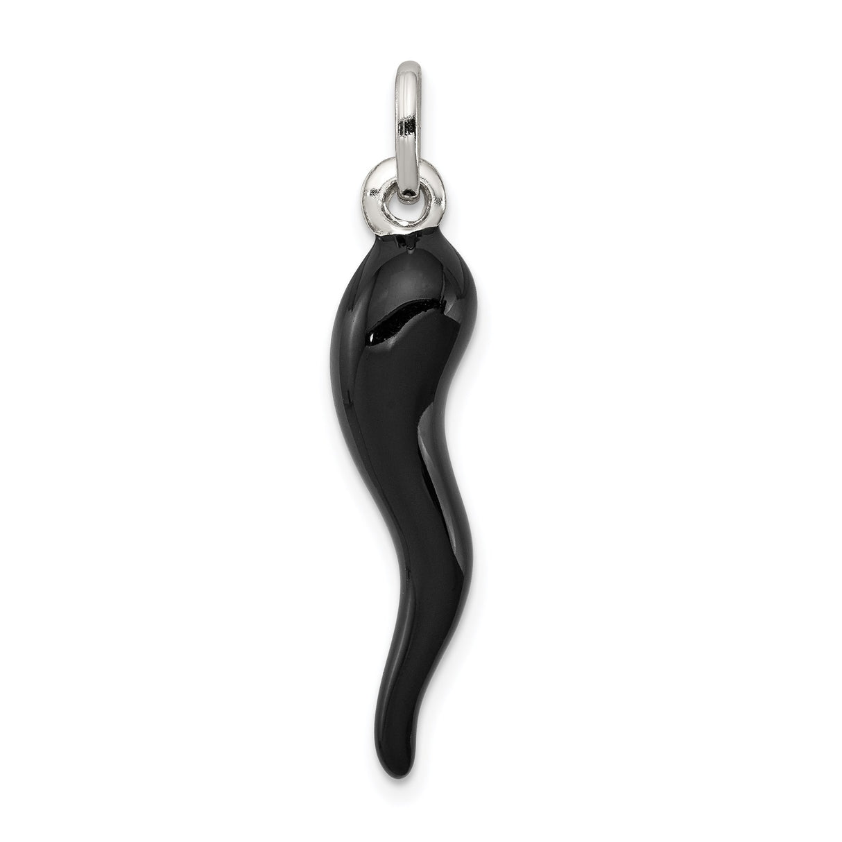 Sterling Silver Horn Pendant Charm, Black Enamel Italian Talisman for Evil Eye Protection