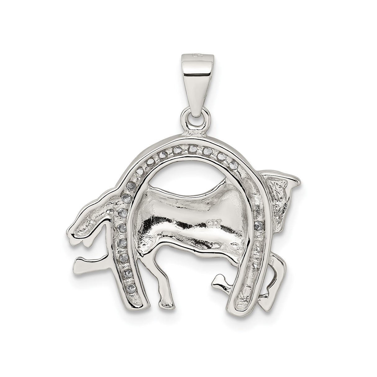 Sterling Silver Horse Pendant with Cubic Zirconia Horseshoe, Prancing Horse Equestrian Jewelry