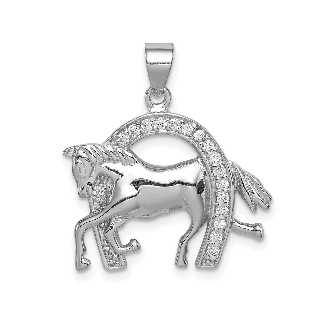 Sterling Silver Horse Pendant with Cubic Zirconia Horseshoe, Prancing Horse Equestrian Jewelry