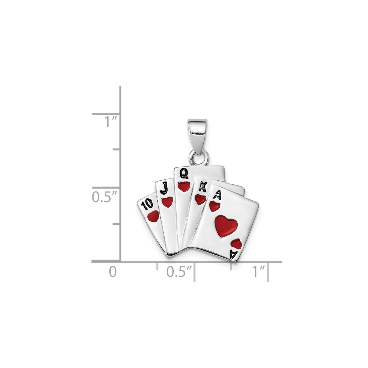 Sterling Silver Poker Royal Flush Pendant with Red Enamel Hearts, Casino Card Charm
