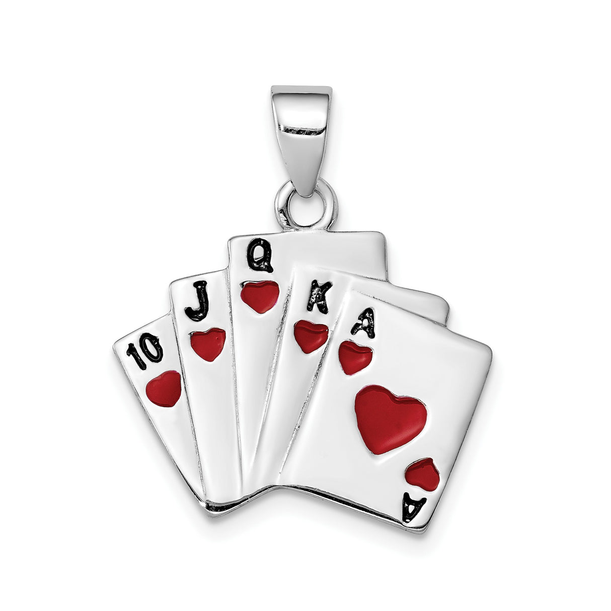Sterling Silver Poker Royal Flush Pendant with Red Enamel Hearts, Casino Card Charm
