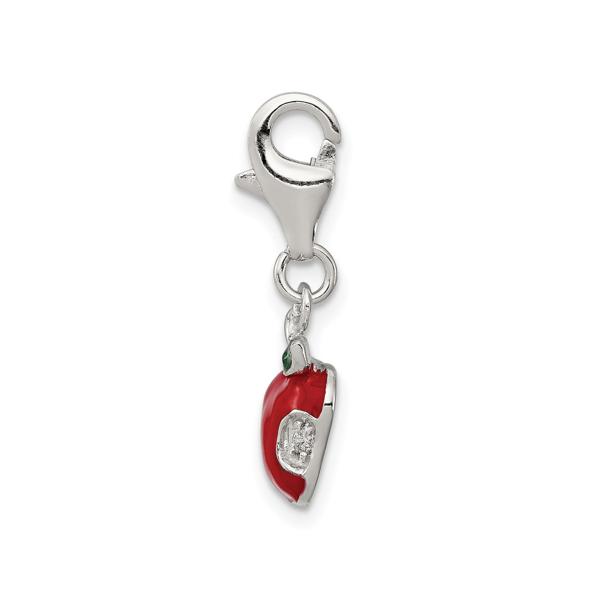 Sterling Silver Apple Charm Pendant with Red Enamel and Cubic Zirconia Leaf Detail