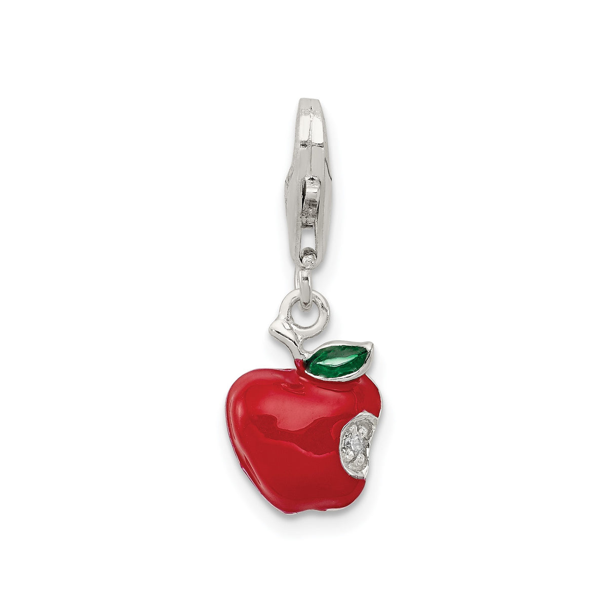 Sterling Silver Apple Charm Pendant with Red Enamel and Cubic Zirconia Leaf Detail