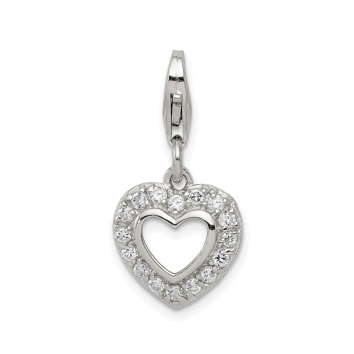 Sterling Silver Heart Pendant with Cubic Zirconia Accents and Hollow Center Charm