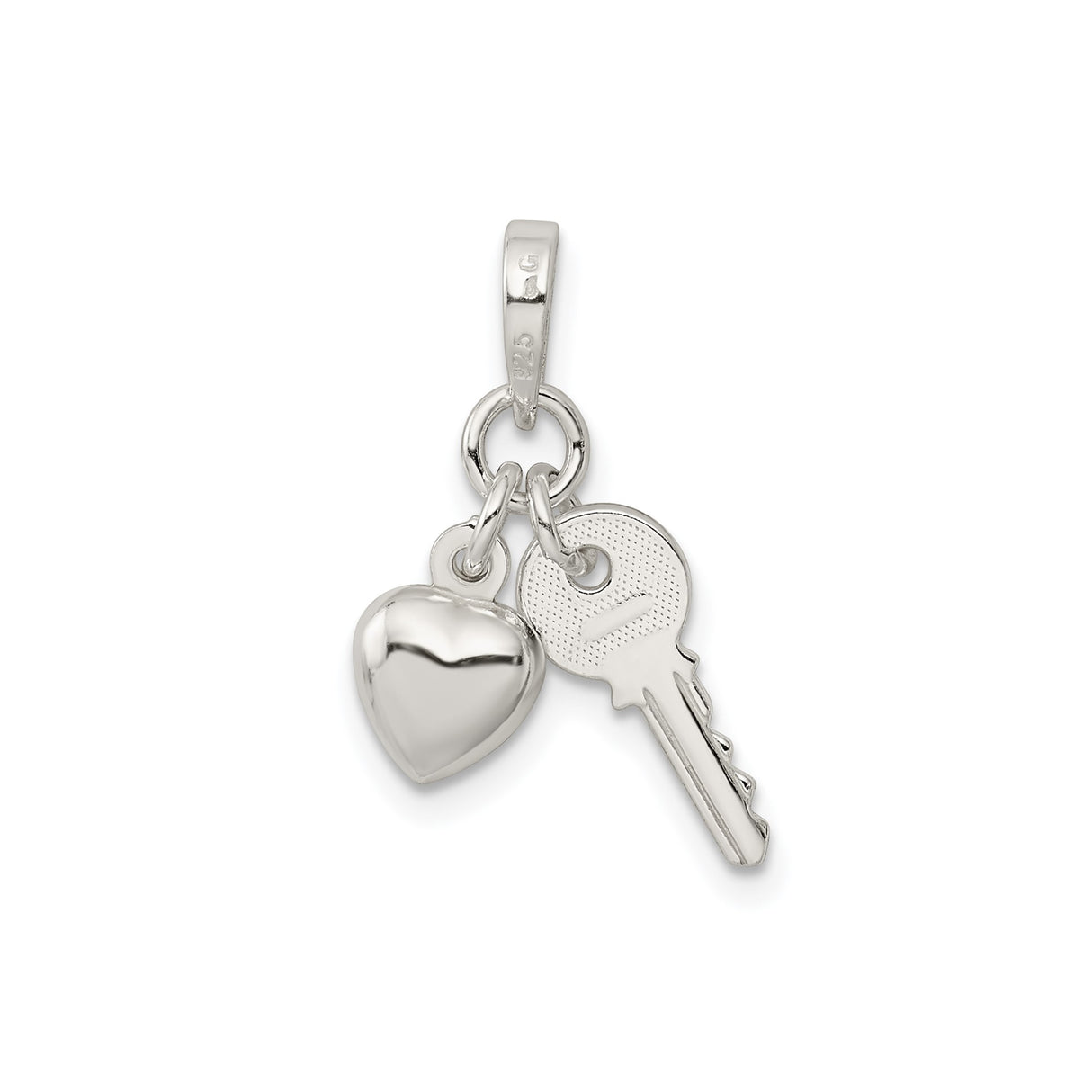 Sterling Silver Charm Pendant with Puffed Heart and Key Symbol, Romantic Design for Women