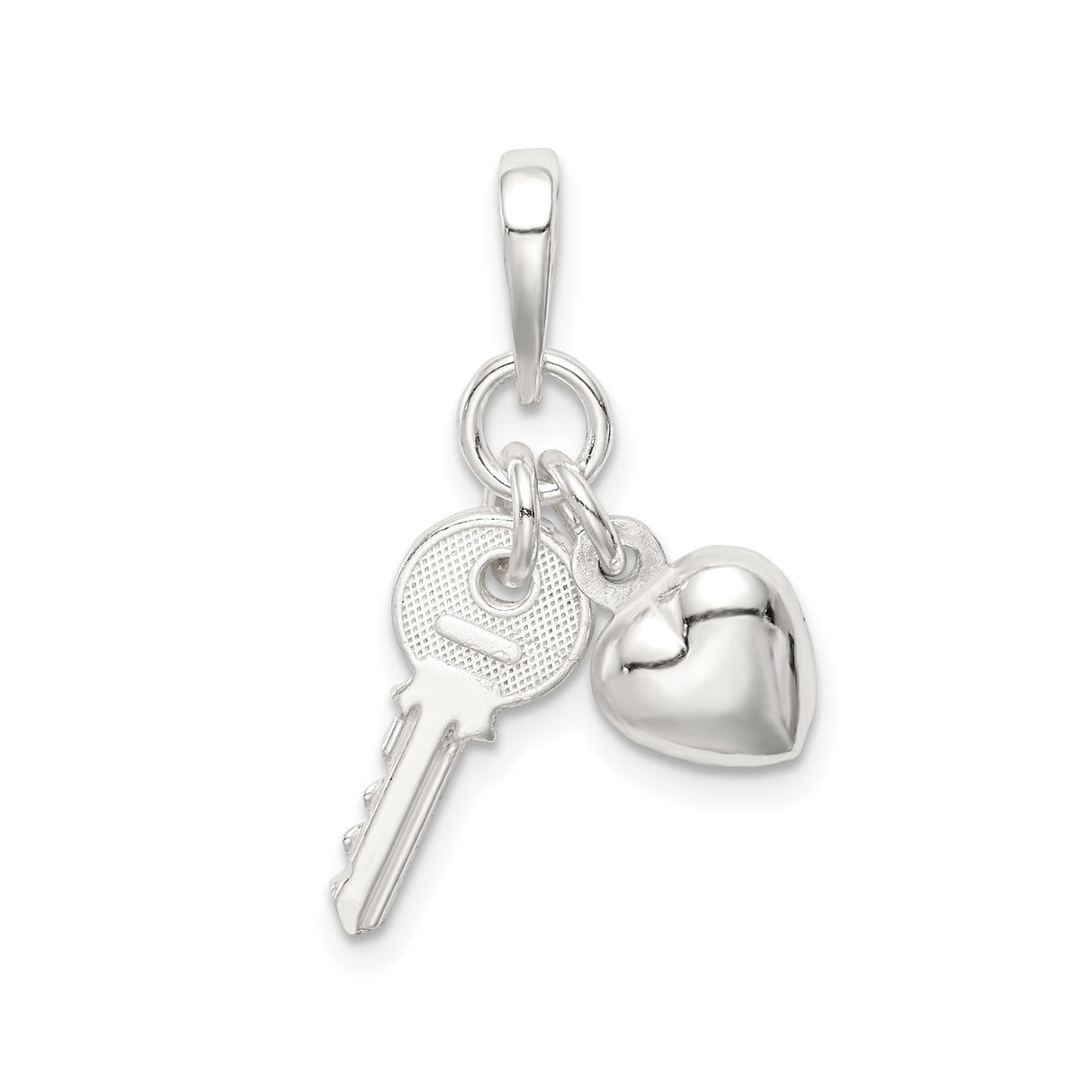 Sterling Silver Charm Pendant with Puffed Heart and Key Symbol, Romantic Design for Women