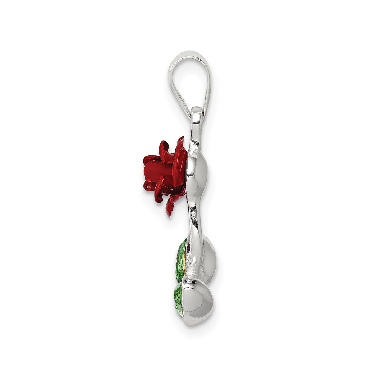 Sterling Silver Rose Pendant with Cubic Zirconia, Red Enamel Petals and Green Leaf, Floral Motif