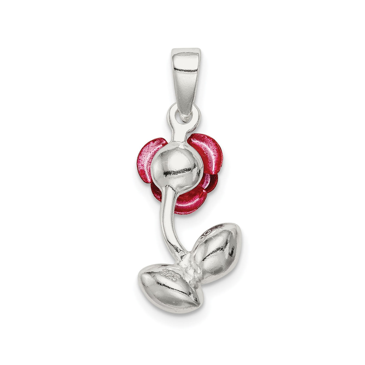 Sterling Silver Rose Pendant with Cubic Zirconia, Red Enamel Petals and Green Leaf, Floral Motif