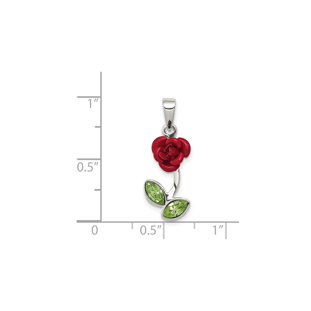 Sterling Silver Rose Pendant with Cubic Zirconia, Red Enamel Petals and Green Leaf, Floral Motif