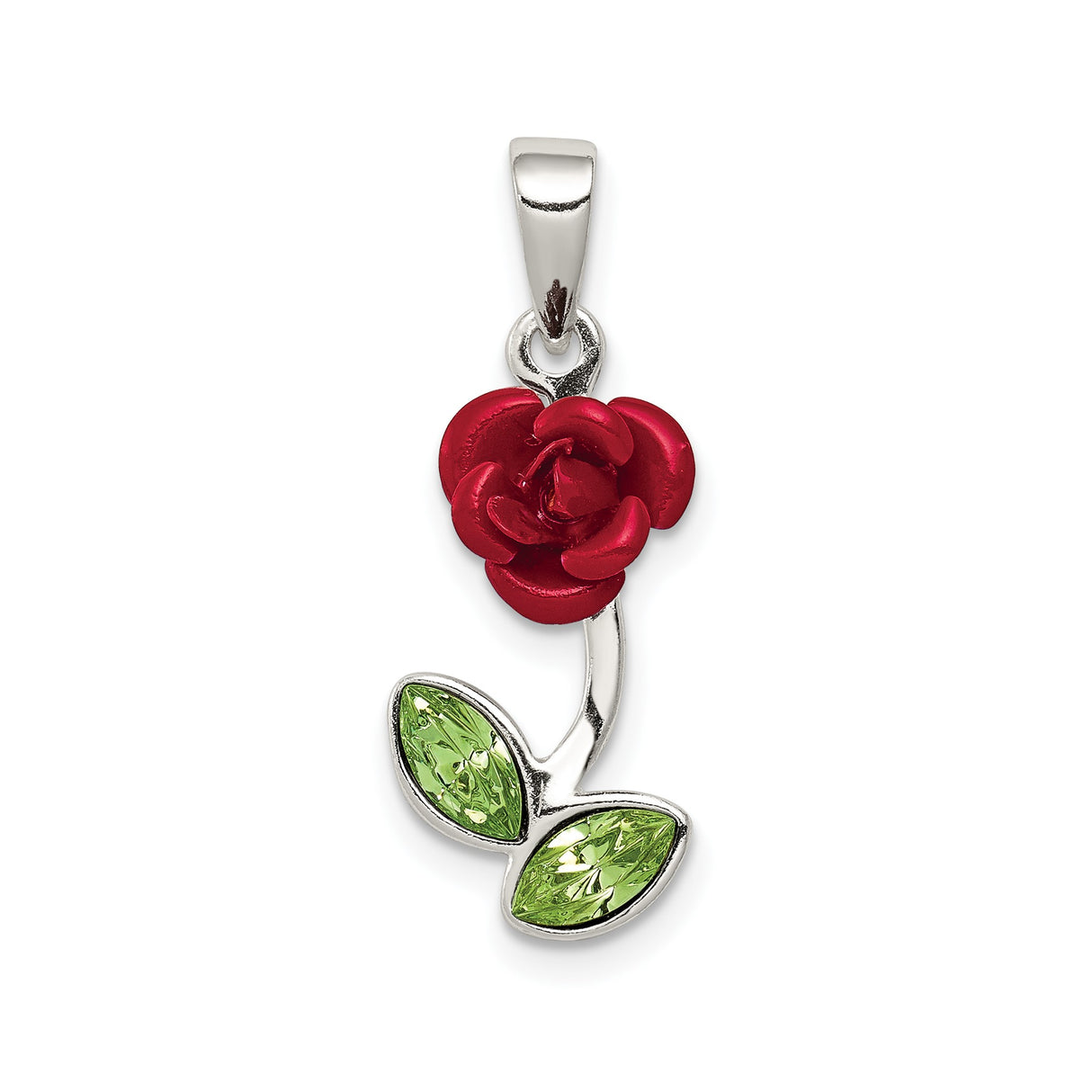 Sterling Silver Rose Pendant with Cubic Zirconia, Red Enamel Petals and Green Leaf, Floral Motif