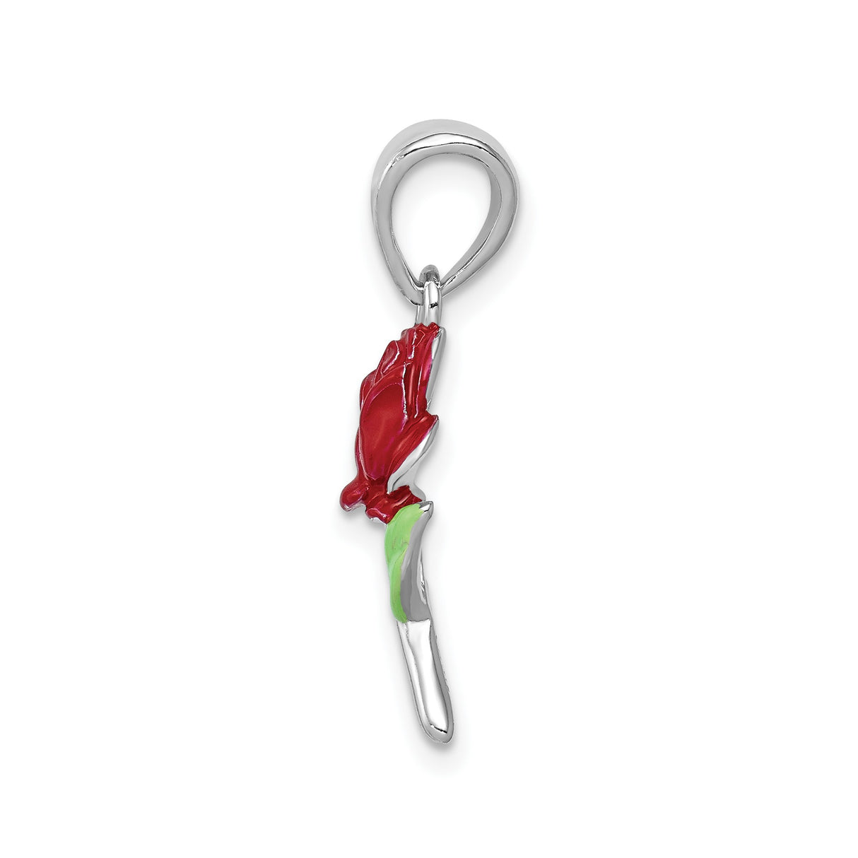 Sterling Silver Rose Pendant with Green Enamel Leaves, Romantic Floral Design for Women