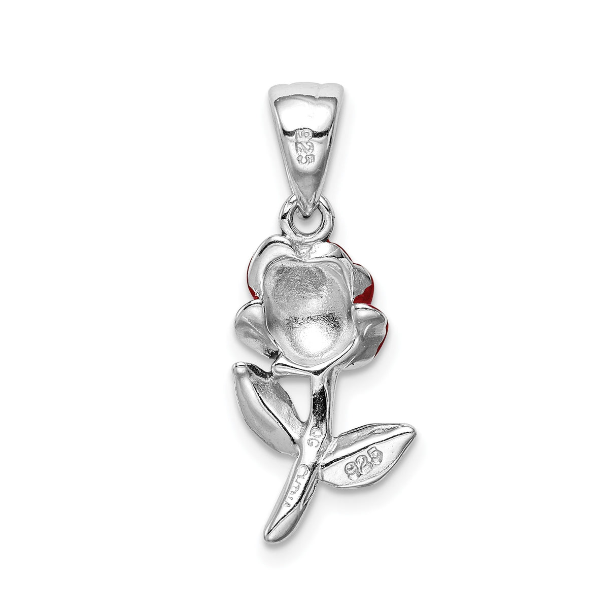 Sterling Silver Rose Pendant with Green Enamel Leaves, Romantic Floral Design for Women