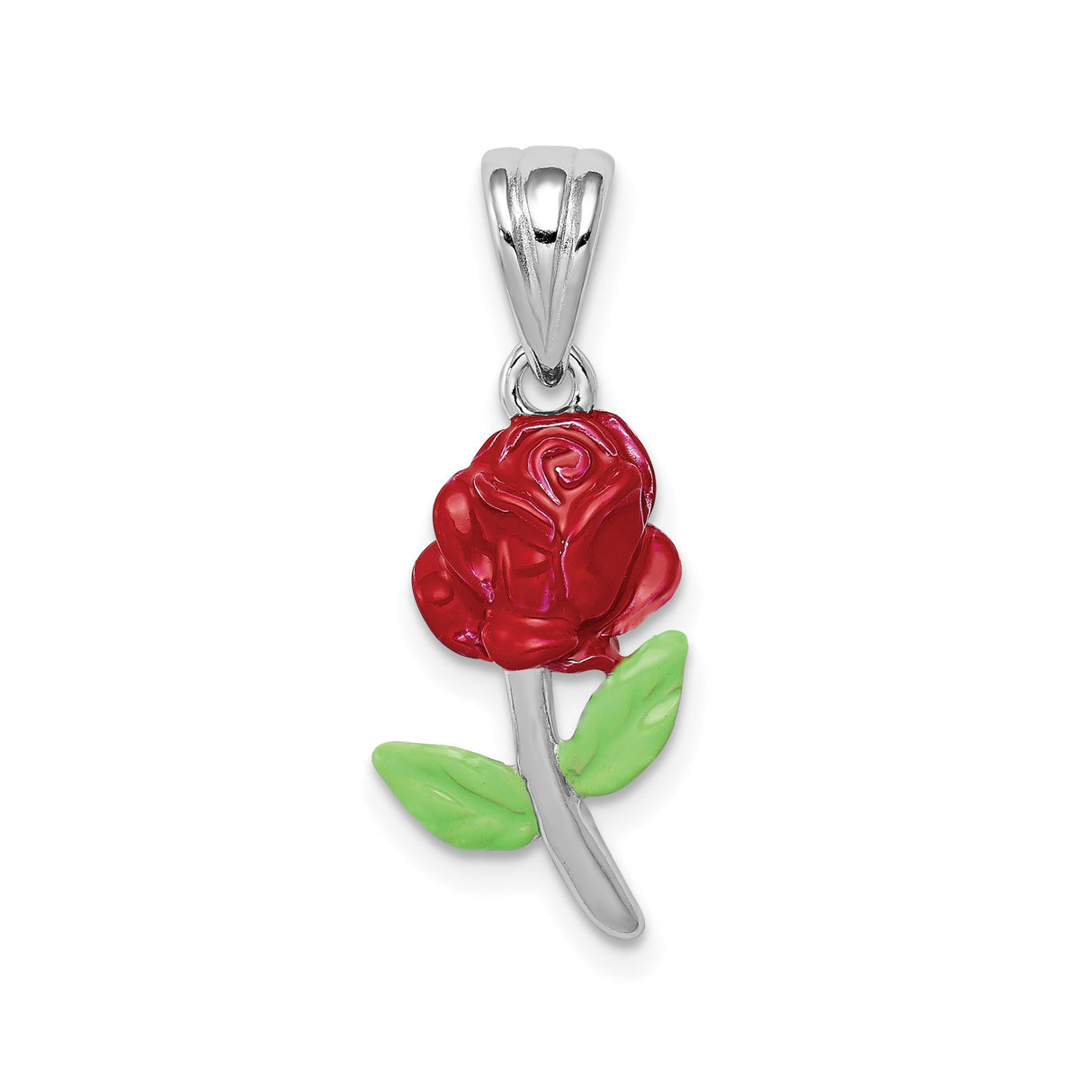 Sterling Silver Rose Pendant with Green Enamel Leaves, Romantic Floral Design for Women