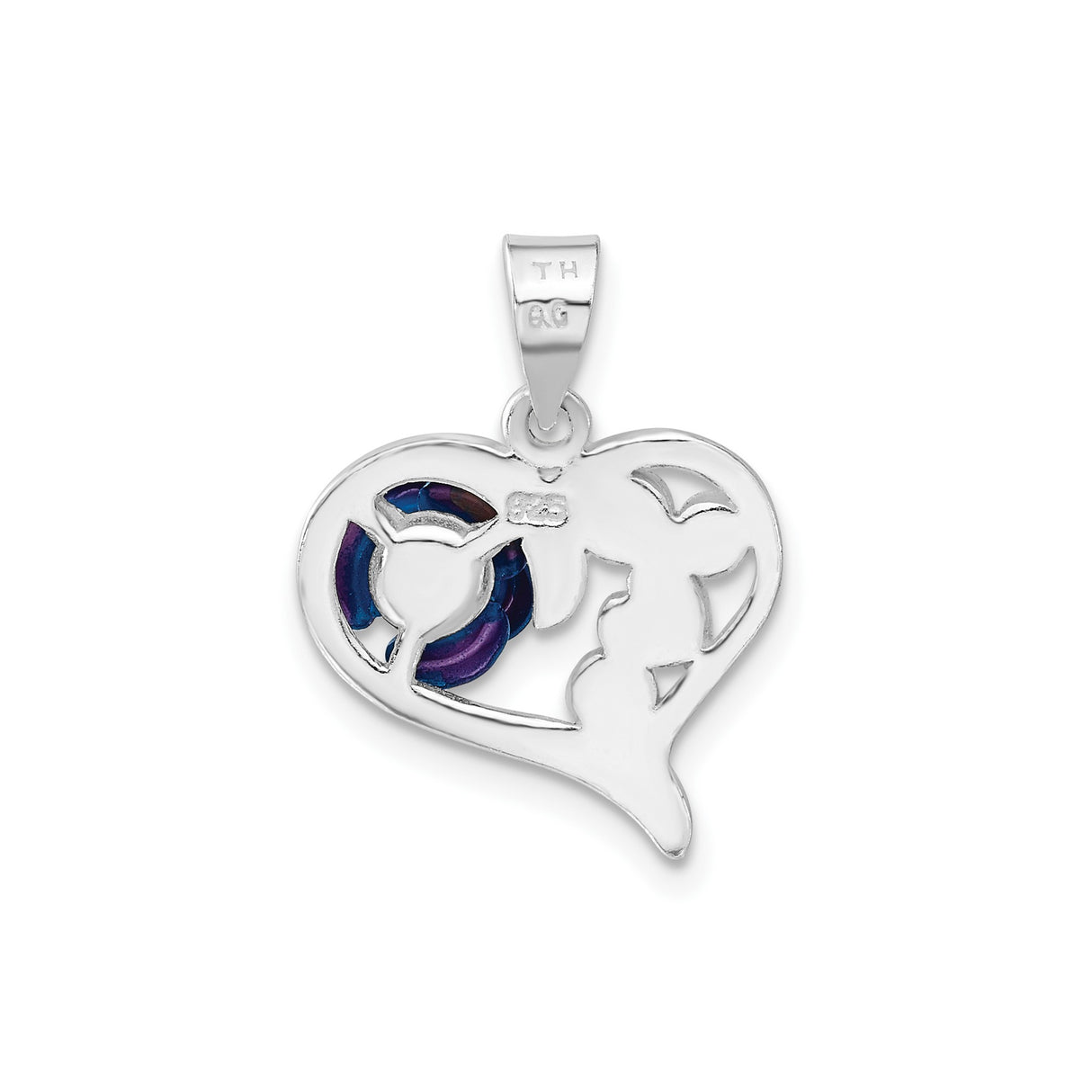 Sterling Silver Heart Pendant with Cubic Zirconia, Blue Rose and Pink Enamel Accents