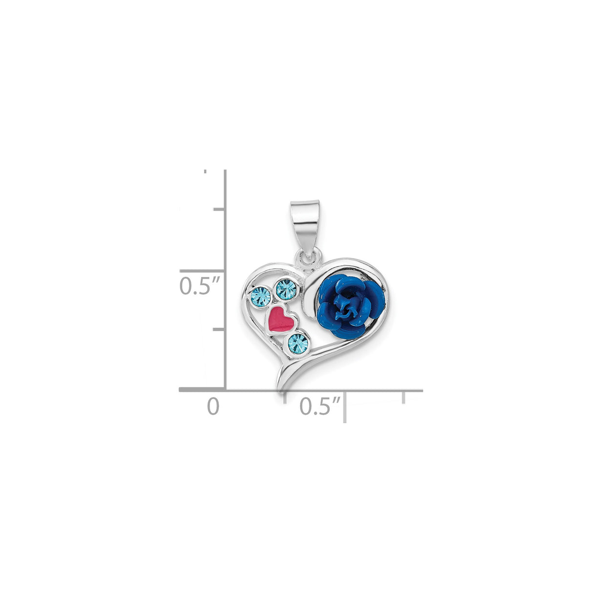 Sterling Silver Heart Pendant with Cubic Zirconia, Blue Rose and Pink Enamel Accents