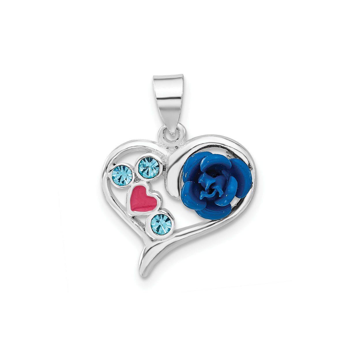 Sterling Silver Heart Pendant with Cubic Zirconia, Blue Rose and Pink Enamel Accents