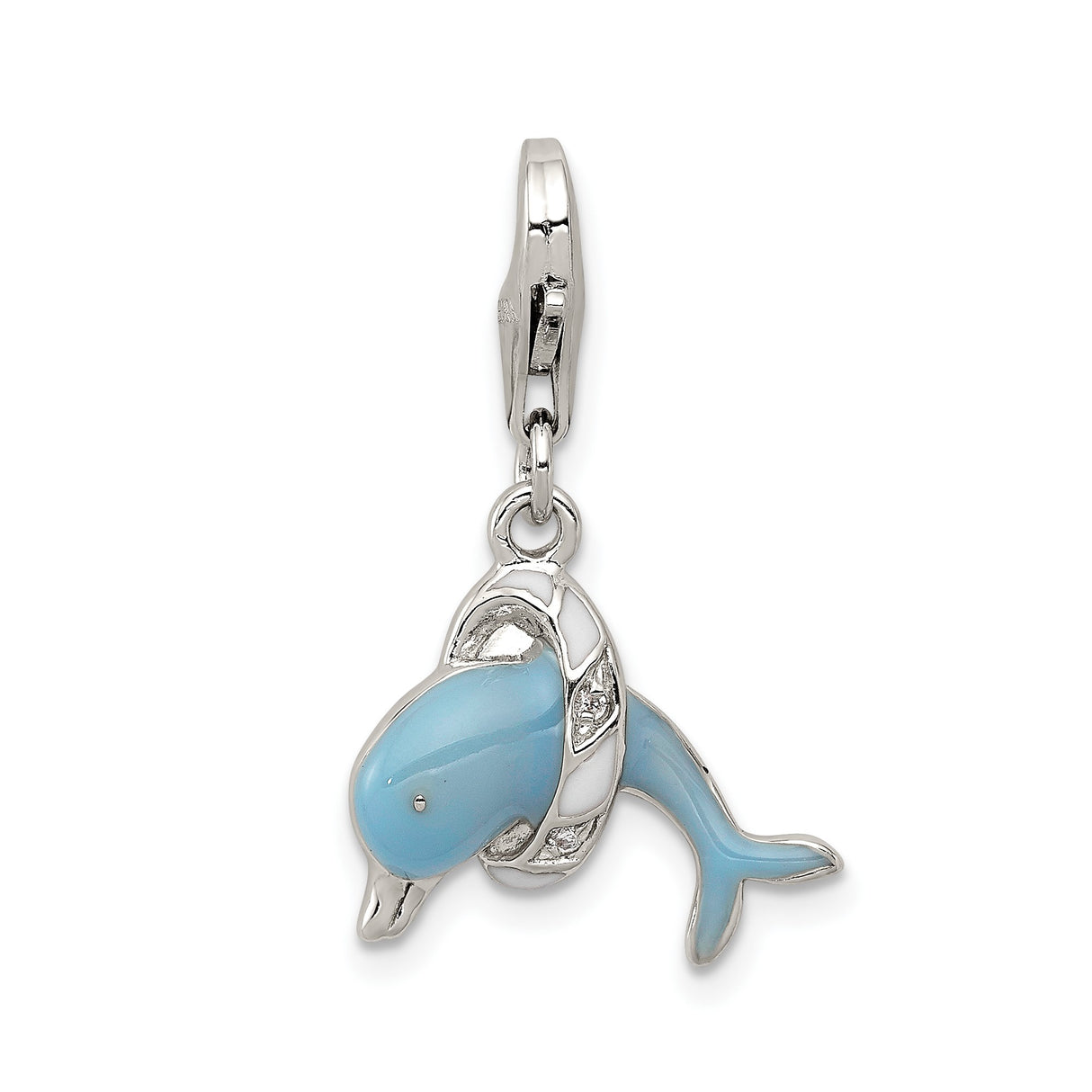 Sterling Silver Dolphin Charm with Blue Enamel and Crystal Detail, Nautical Life Preserver Design