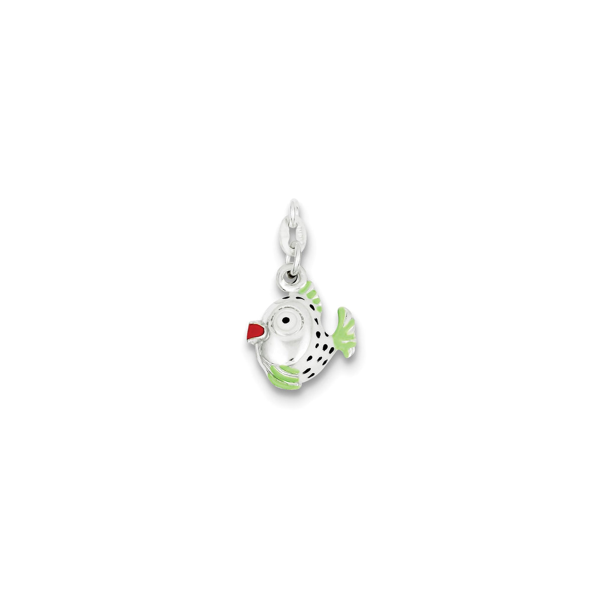 Sterling Silver Fish Charm with Green Fins and Black Spots, Whimsical Ocean Theme Pendant
