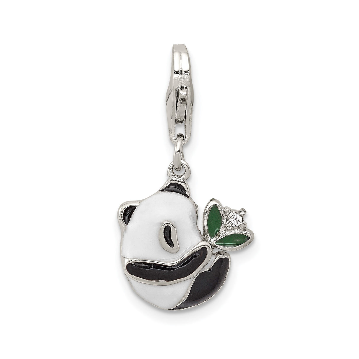 Sterling Silver Panda Charm with Cubic Zirconia, Black and White Enamel, Nature Theme
