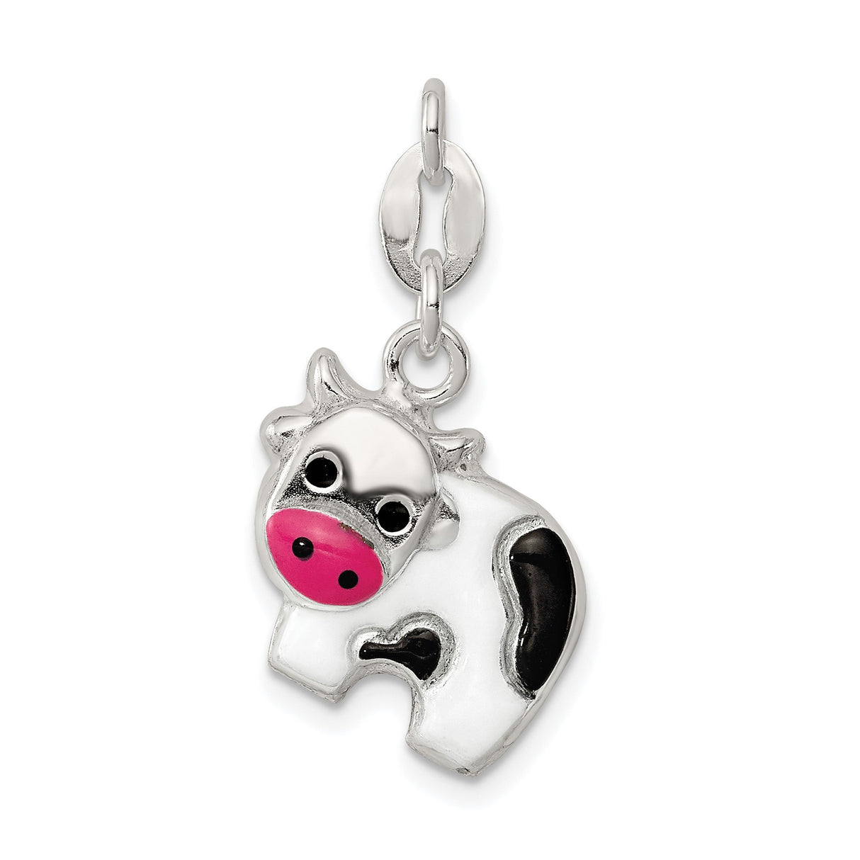 Sterling Silver Cow Charm Pendant with Enamel Black Spots and Pink Snout, Whimsical Farm Animal Design