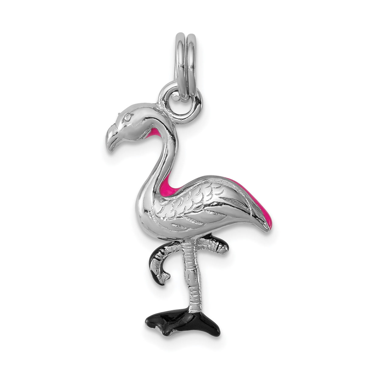 Sterling Silver Flamingo Pendant with Pink and Black Enamel, Tropical Bird Charm Jewelry