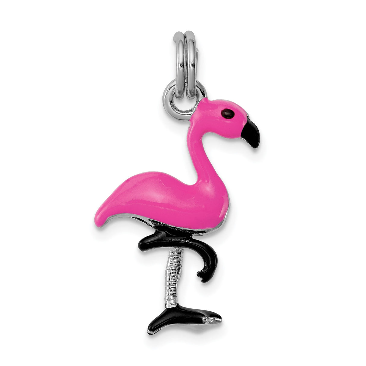 Sterling Silver Flamingo Pendant with Pink and Black Enamel, Tropical Bird Charm Jewelry