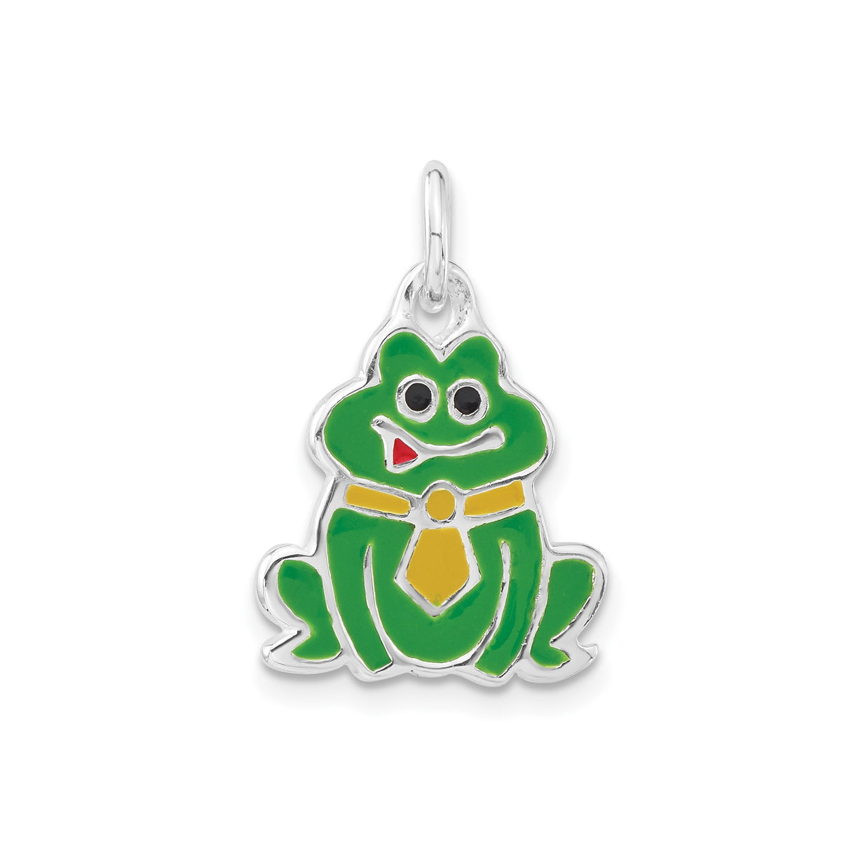 Sterling Silver Frog Pendant Charm with Green Enamel and Yellow Tie, Whimsical Animal Design