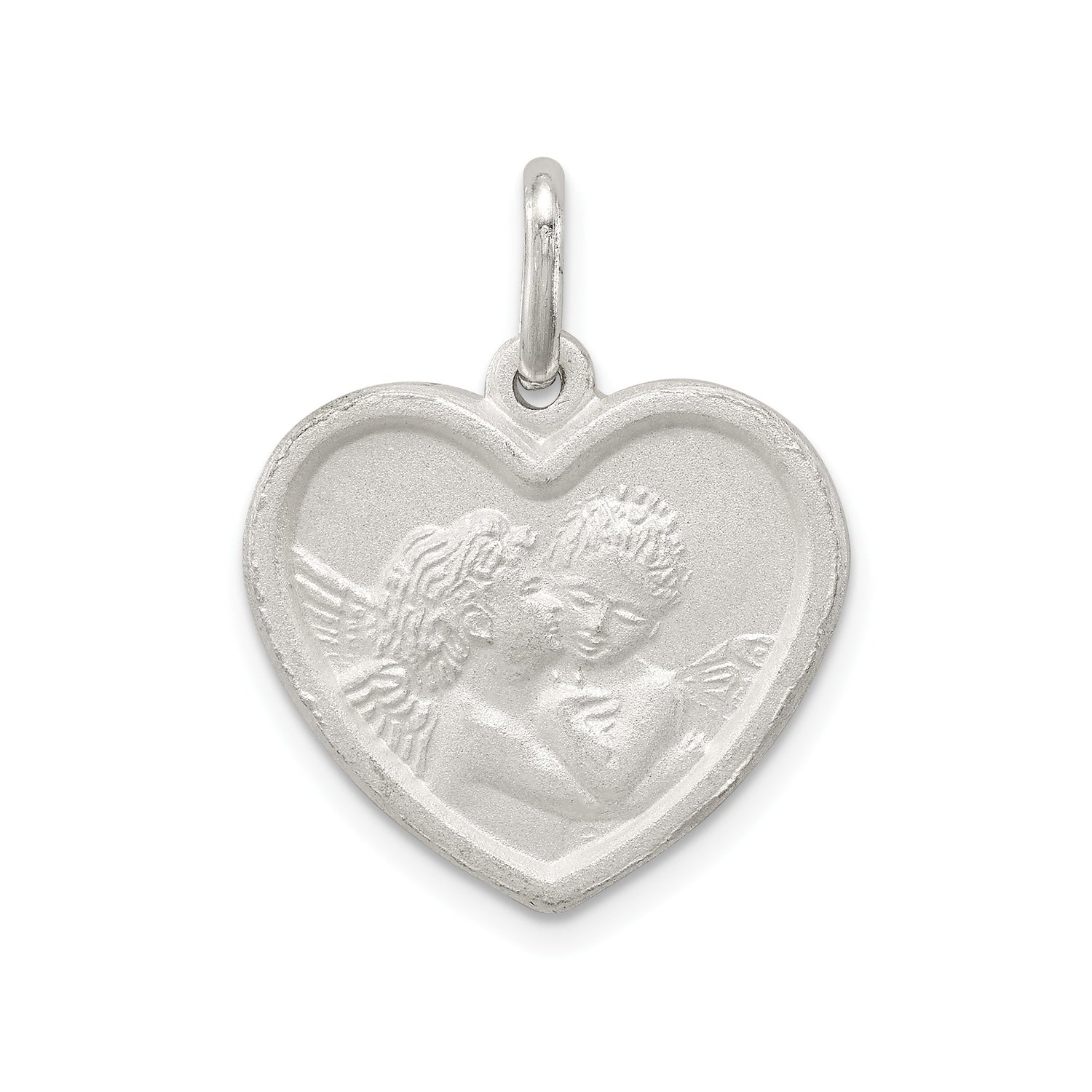 Sterling Silver Heart Pendant with Two Cherubs, Angel Heart Christian Charm for Women