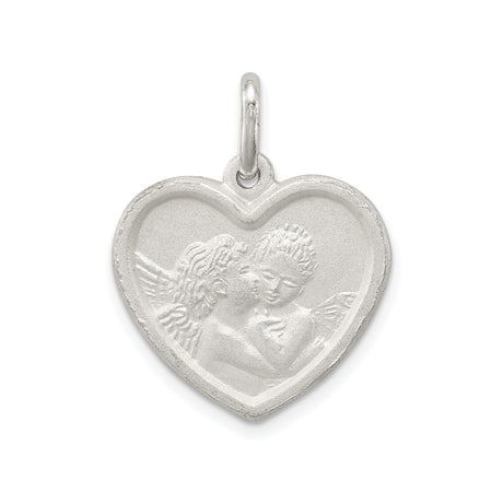 Sterling Silver Heart Pendant with Two Cherubs, Angel Heart Christian Charm for Women