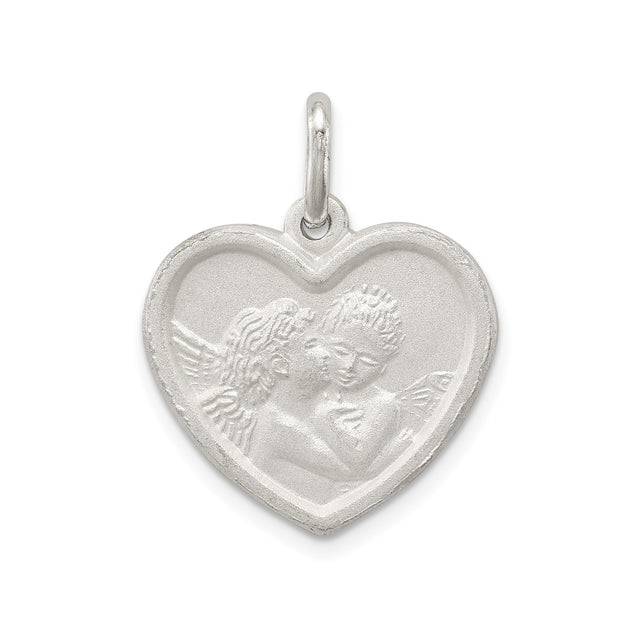 Sterling Silver Heart Pendant with Two Cherubs, Angel Heart Christian Charm for Women