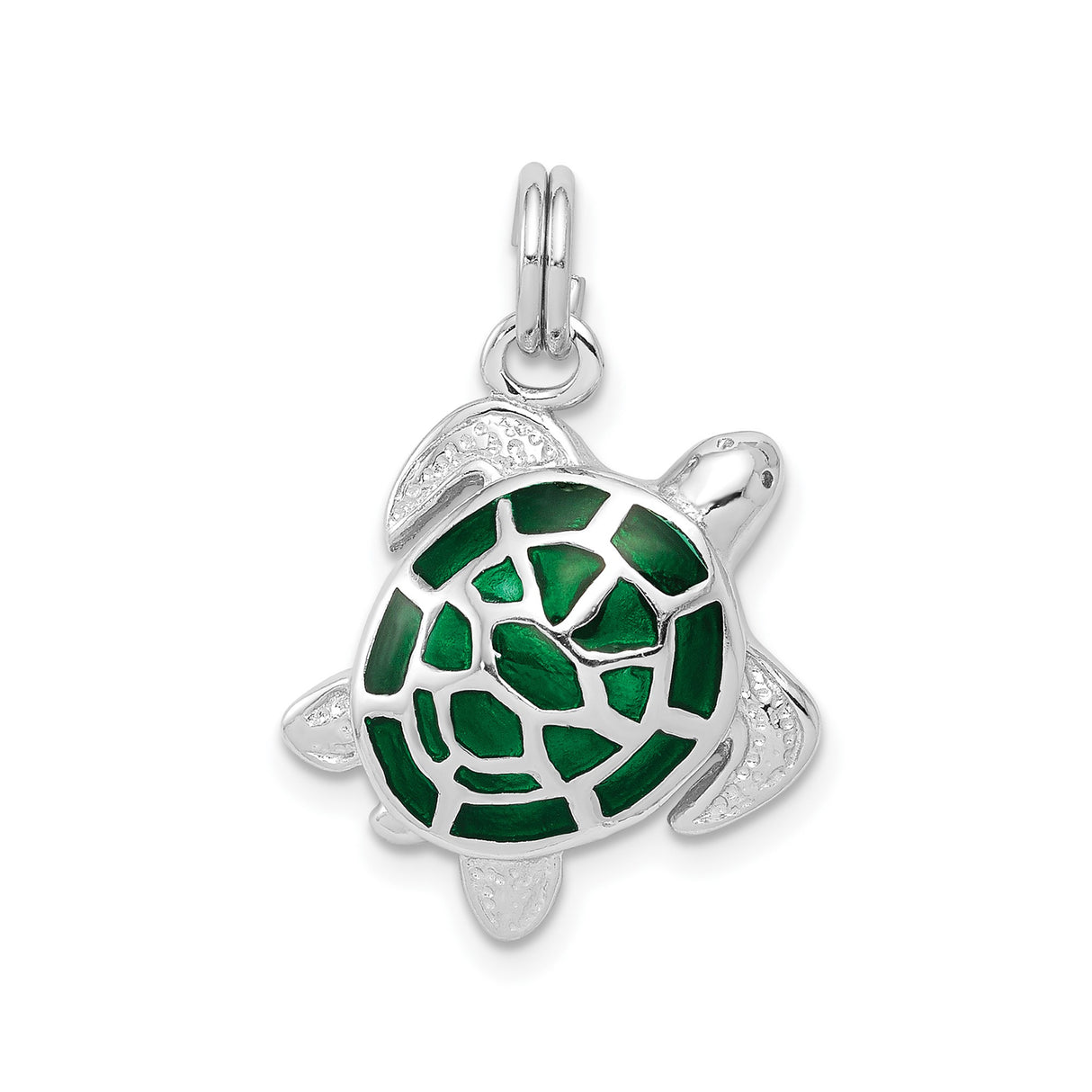 Sterling Silver Turtle Pendant with Green Enamel Shell, Ocean Theme Jewelry
