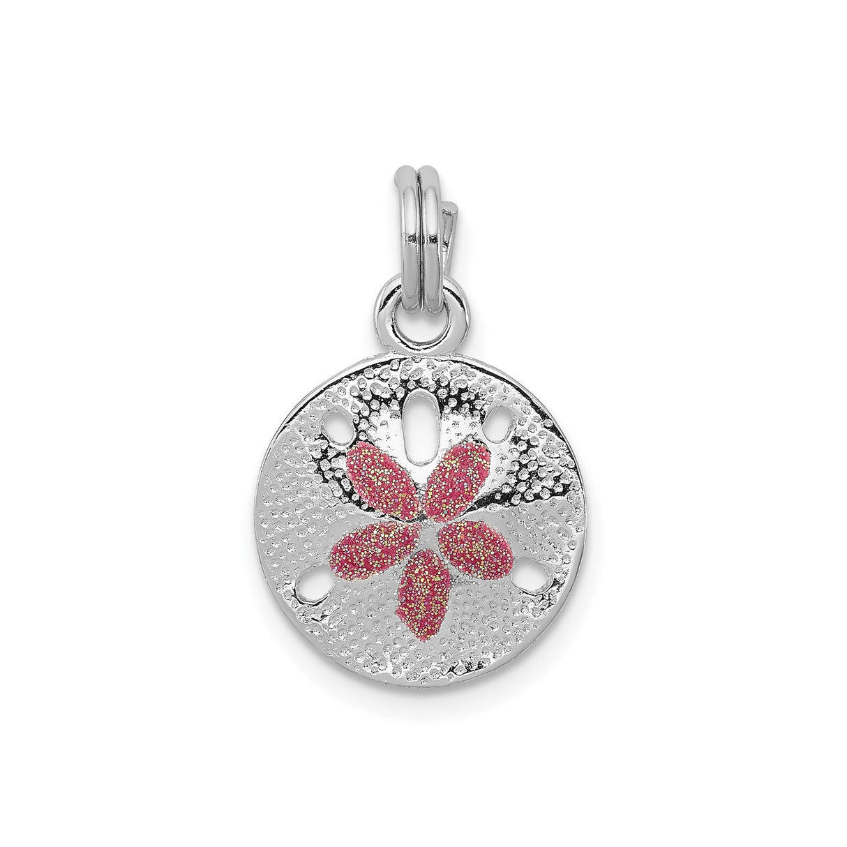 Sterling Silver Sand Dollar Pendant with Pink Glitter Flower and Cutout Detailing