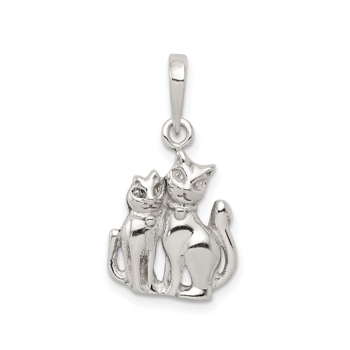 Sterling Silver Cat Pendant with Two Sitting Cats and Curled Tails for Women