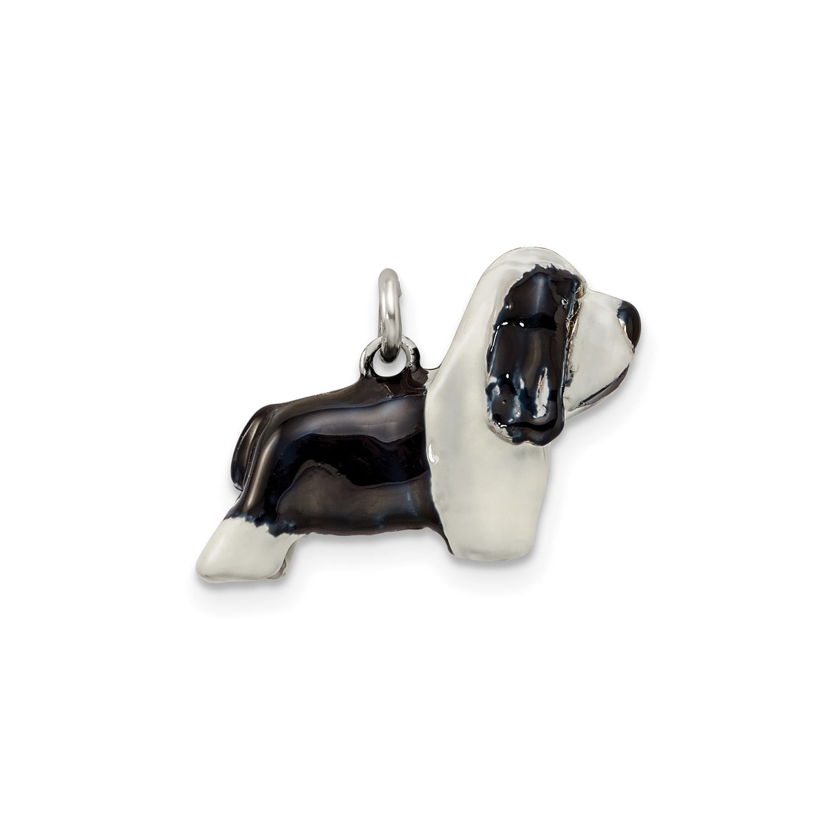 Sterling Silver Basset Hound Dog Charm Pendant with Black and White Enamel for Women