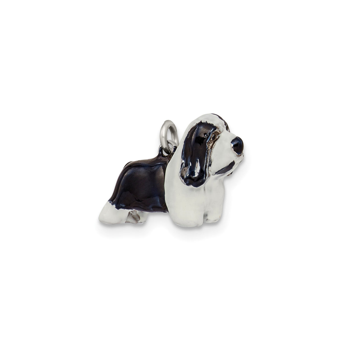 Sterling Silver Basset Hound Dog Charm Pendant with Black and White Enamel for Women