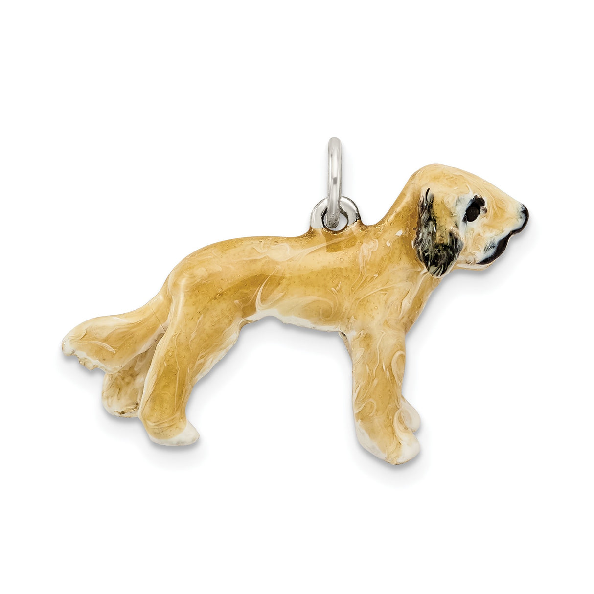 Sterling Silver Dog Charm Pendant with Hand Painted Enamel, Tan and White Dog Design