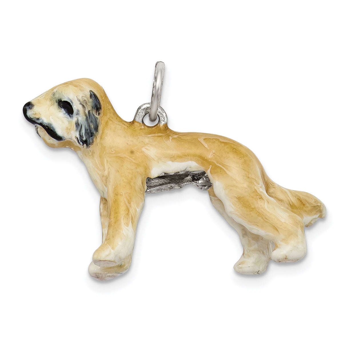 Sterling Silver Dog Charm Pendant with Hand Painted Enamel, Tan and White Dog Design